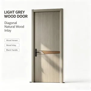 Light Grey Vertical Wood Veneer Interior Doors with Horizontal Diagonal Wood Inlay