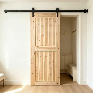 Light Nordic Solid Fir Timber Barn Door Eco Friendly Sliding Wooden Door for Villa Interior