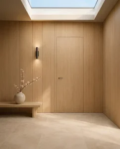 Light Oak Flush Hidden Interior Door with Wood Panel Design for Bedroom