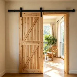 Light Raw Solid Fir Timber Sliding Barn Door, Unpainted, Japanese Wabi-Sabi Style