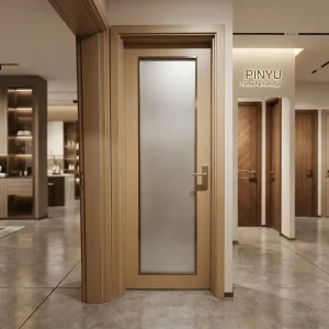 Light Wood Slim Frame Vertical Frosted Glass Solid Wood Wardrobe Door
