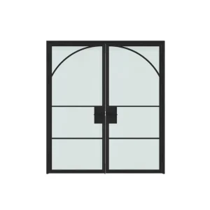 Loft Arch Steel-Framed Fluted Glass Double Swing Door with Privacy Lock
