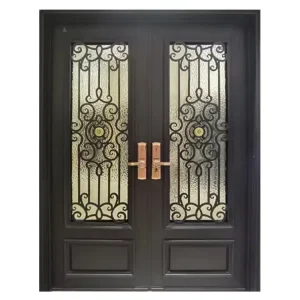 Luxury Villa Double Glass Door Security Front Entrance Steel Wrought Iron Door
