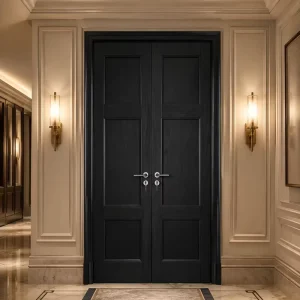 Matte Black 3-Panel Solid Wood Interior French Double Door with Silver Handle, Custom Size