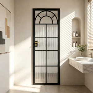 Matte Black Arched Swing Interior Door Obscure Decor Glass Alloy Frame Soundproof for High End Apartment Bath Project