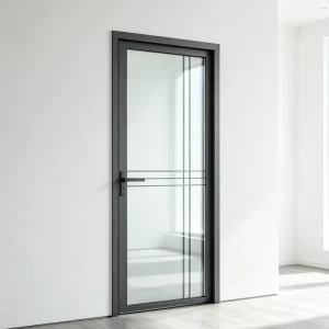 Matte Black Slim Narrow Frame Horizontal Lines Soundproof Hotel Guest Room Aluminum Glass Swing Casement Interior Door