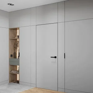 Matte Gray Waterproof Solid Wood Hidden Interior Door with Wall Panel for Bathroom, Living Room