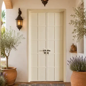 Mediterranean Cream Solid Wood French Double Entry Door with Grid Panels and Wrought Iron Handle, Custom Size