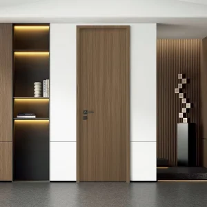 Medium Walnut Thin-Frame Solid Wood Interior Door, Minimalist Soundproof Flush Bedroom Door, Custom for Modern Villa