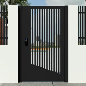Metal Front Entry Door with Diagonal Cutout and Vertical Slats, Anti-Theft, Soundproof, Smart Lock, for Villa
