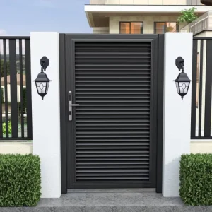 Metal Front Entry Door with Horizontal Louvered Slats, Heat-Insulated, Anti-Theft, Smart Lock, for Villa