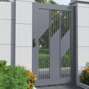 Metal Geometric Front Entry Door with Staggered Diagonal Panels, Anti-Theft, Smart Lock, for Villa