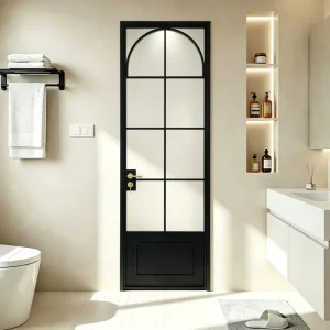 Mid Century Arched Swing Partition Door Clear Decor Glass Alloy Frame Soundproof for Vacation Rental Bath Interior