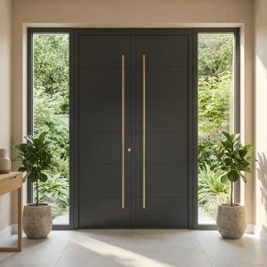 Minimalist Aluminum Customizable Color Pivot Double Entry Door with Wood Grain Finish for Villas