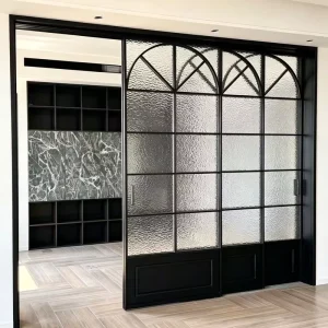 Minimalist Aluminum Sliding Room Divider with Double Track and Gray Tempered Glass