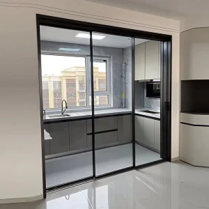 Minimalist Black Frame Aluminium Sliding Door Soundproof Glass Sliding Partition for Home Kitchen Living Room