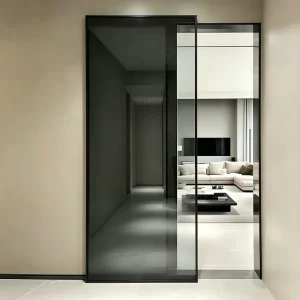 Minimalist Black Frame Tinted Glass Invisible Sliding Interior Partition Room Divider Floating Effect