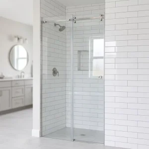 Minimalist Frameless Sliding Shower Enclosure Door with Hanging Wheels, Wet/Dry Separation, for Home, Hotel, and Villa