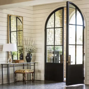 Minimalist French Villa Entrance Double Glass Door Wrought Iron Steel Frame Interior Home Front Entry