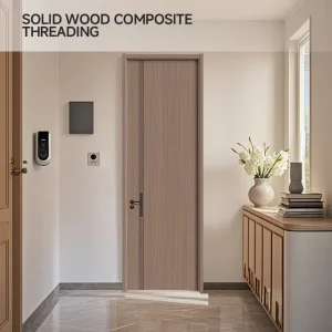 Minimalist Paint-Free Solid Wood Interior Door, Waterproof Soundproof Flush Door with Decorative Metal Inlay for Hotels and Villas