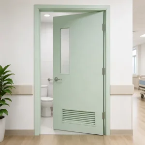 Mint Green Hospital Ward Toilet Door with Arch Window and Bottom Louver