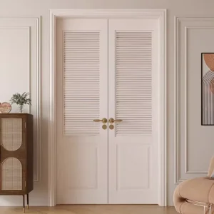 Modern 2-Panel Wooden Louver Door with Shaker Style Design and Water-Resistant Coating for Bathroom and Kitchen Ventilation