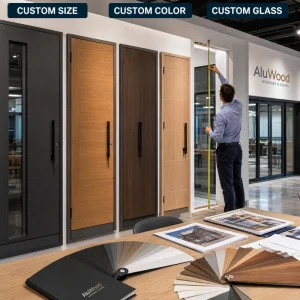 Modern Aluminum-Clad Wood Pivot Door, Thermal Break, Double-Glazed, Solid-Core Main Entrance Door, Custom