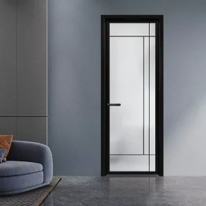 Modern Minimalist Slim Frame Aluminium Glass Bathroom Door Waterproof Black Frame Interior Door with Grid Pattern