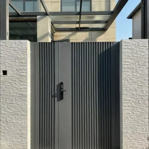 Modern Aluminum Vertical Slat Swing Pedestrian Garden Gate with Smart Keyless Entry Lock for Hotel Villa Courtyard Side Entrance