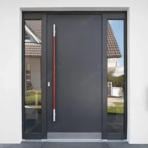 Modern Black Aluminum Entrance Door with Fixed Glass Sidelight Waterproof Steel Front Door for House