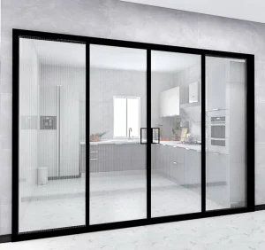 Modern Black Metal Aluminum Narrow-Frame Sliding Door with Tempered Laminated Glass and Soft Close