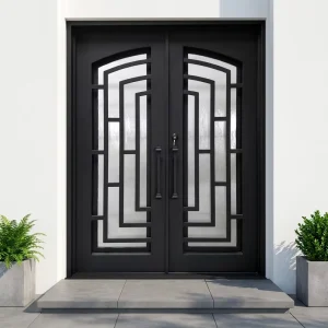 Modern Black Wrought Iron Double Entry Door with Decorative Glass Custom Geometric Exterior Front Door for Luxury Villa