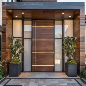 Modern Brown Solid Wood and Steel Anti-Theft Front Security Door for Villa