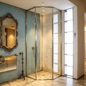 Modern Chrome Diamond Shower Enclosure with Tempered Glass, Stainless Steel Sliding Swing Door