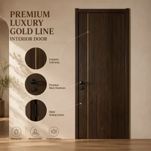Modern Dark Walnut Wood Panel Door With Gold Inlay, Paint-Free, Soundproof, Waterproof, Interior Bedroom Door