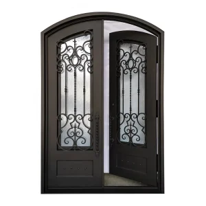 Modern Double Entry Iron Entrance Door for Residential Villas with Tempered Rain Glass, Dark Bronze