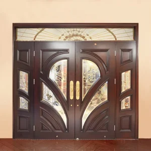 Modern Double Solid Wood Front Entry Doors with Top Glass