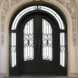 Modern Double Wrought Iron Security Entry Door with Sidelight Window for Apartments and Villas