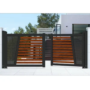 Modern Dual Swing Aluminum Double Gate with Perforated Metal Panel Decor for Villa Driveway Courtyard Access