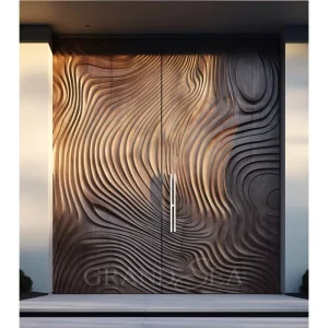 Modern Exterior Solid Wood Pivot Front Entry Door for Villas Carved Flowing Design Waterproof