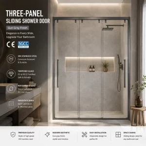 Modern Framed Sliding Shower Door One-Line Three-Panel Linkage Design Space-Saving Tempered Glass Hotel Bathroom Enclosure
