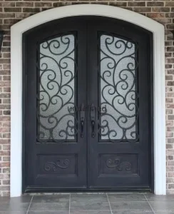 Modern French Double Door Steel Wrought Iron Grill Glazed Front Door for Outdoor Use