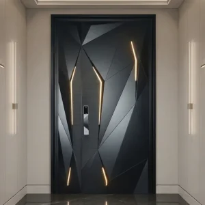 Modern Geometric Aluminum Entry Door with LED and Smart Lock for Villa Entrance