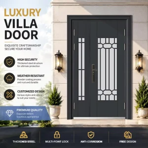 Modern Glass and Steel Anti-Theft Front Entrance Door for Villa Residences