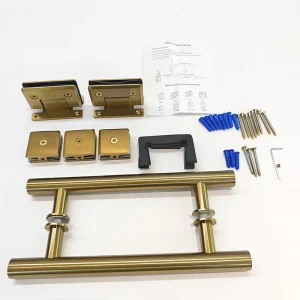 Modern Gold Shower Room Hardware Beveled 90 Degree Solid Brass Adjustable Shower Glass Door Hinge Clamp and Pull Handle Set