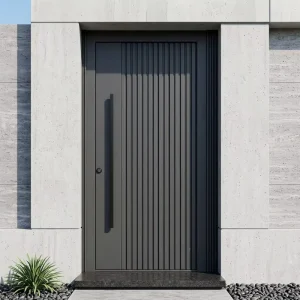Modern Grooved Aluminum Slatted Front Entry Door with Long Handle, Smart Lock Compatible