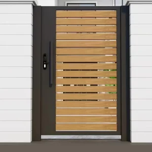 Modern Horizontal Timber Slat Wood and Metal Villa Front Door with Smart Lock