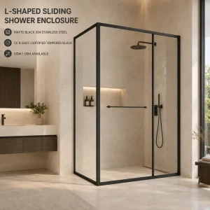 Modern L Shaped Tempered Glass Sliding Shower Door with Durable Framed Structure Space Saving Design