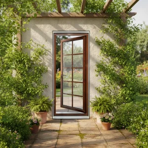 Modern Manual Red Wood-Grain Aluminum Glass Door, Single Outward-Opening, Sound-Insulating