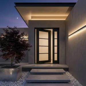 Modern Matte Black Wrought Iron Pivot Entry Door with Tempered Glass, Horizontal Bar Design, and Sidelight